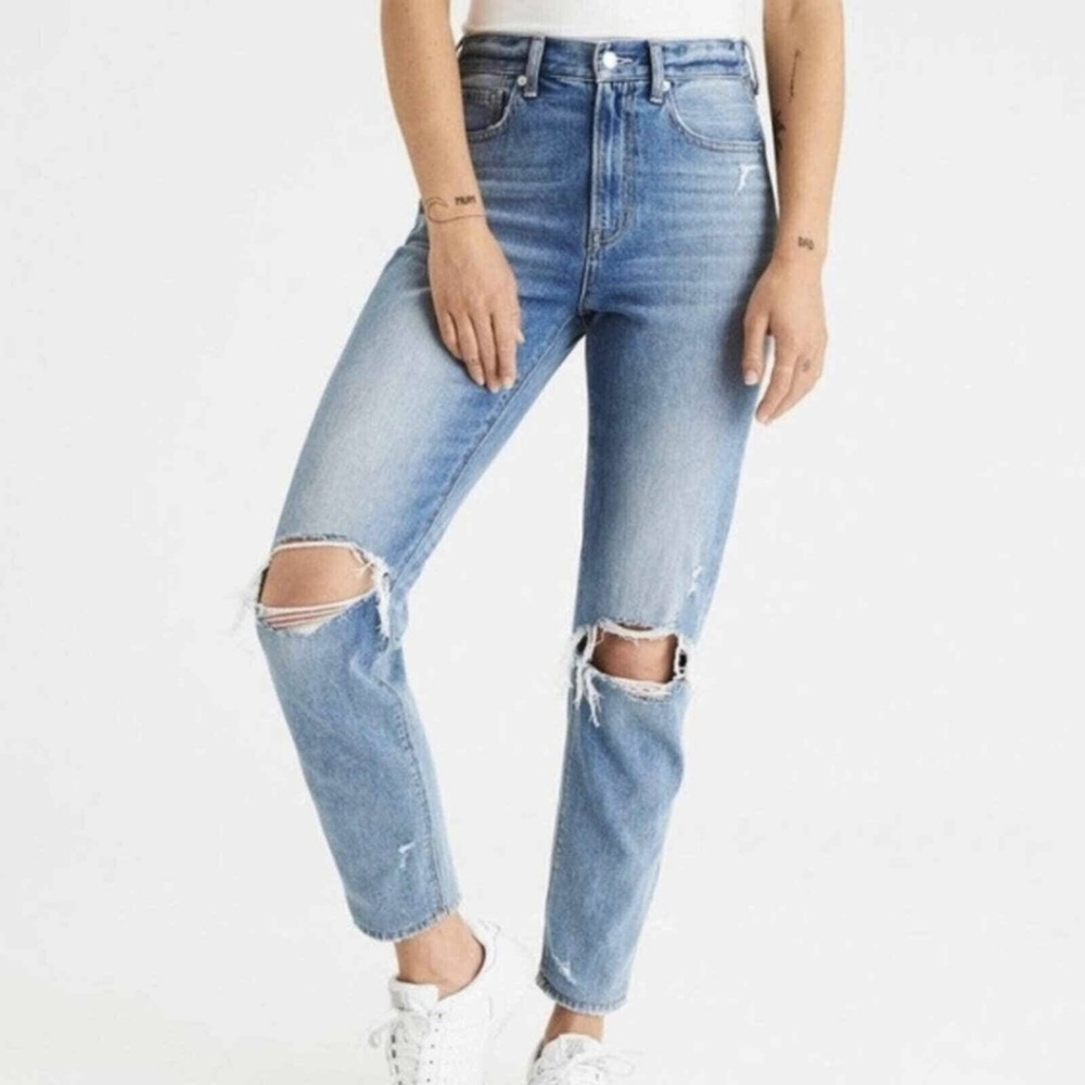 American Eagle Mom Jeans With Busted Knees, High Waisted Straight Leg